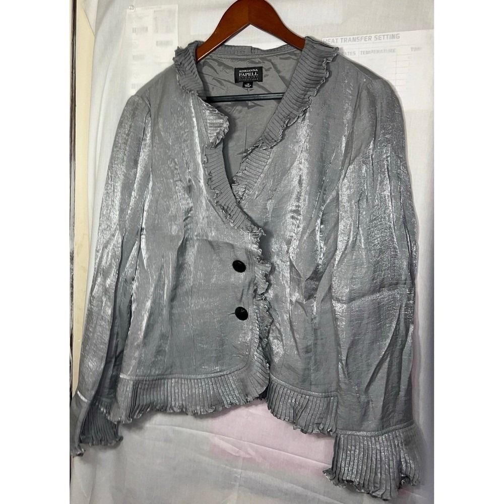 ADRIANNA PAPELL EVENING‎ ESSENTIALS Silver JACKET Black Buttons Ruffle -